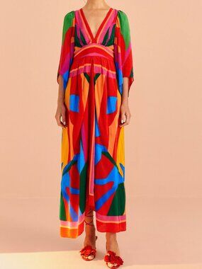 Farm Rio Colorful Leaves Midi Dress Scarf Multicolor M
